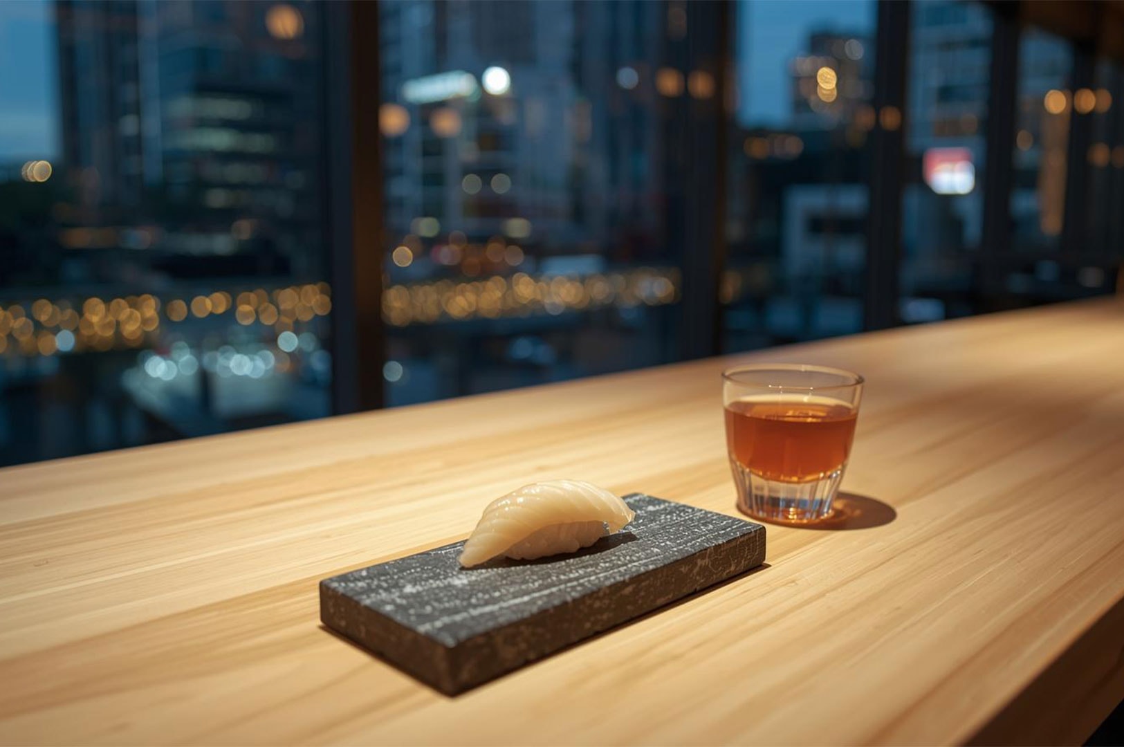 A single piece of premium white fish nigiri served on a stone plate next to an amber drink, set against a blurred city skyline at night.