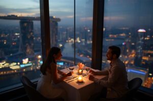 A couple enjoying a romantic candlelight dinner at a high-rise restaurant with a panoramic view of the Singapore skyline and Marina Bay Sands at twilight.