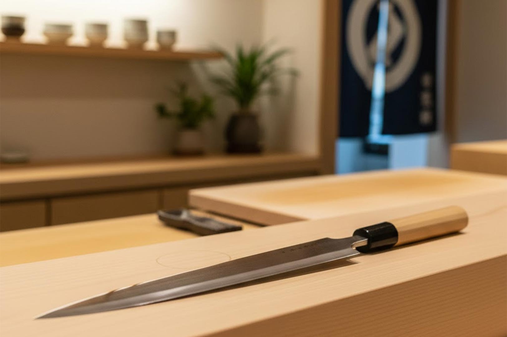 A sharp, traditional Japanese Yanagiba sashimi knife resting on a clean wooden prep board with pottery shelves in the blurred background.