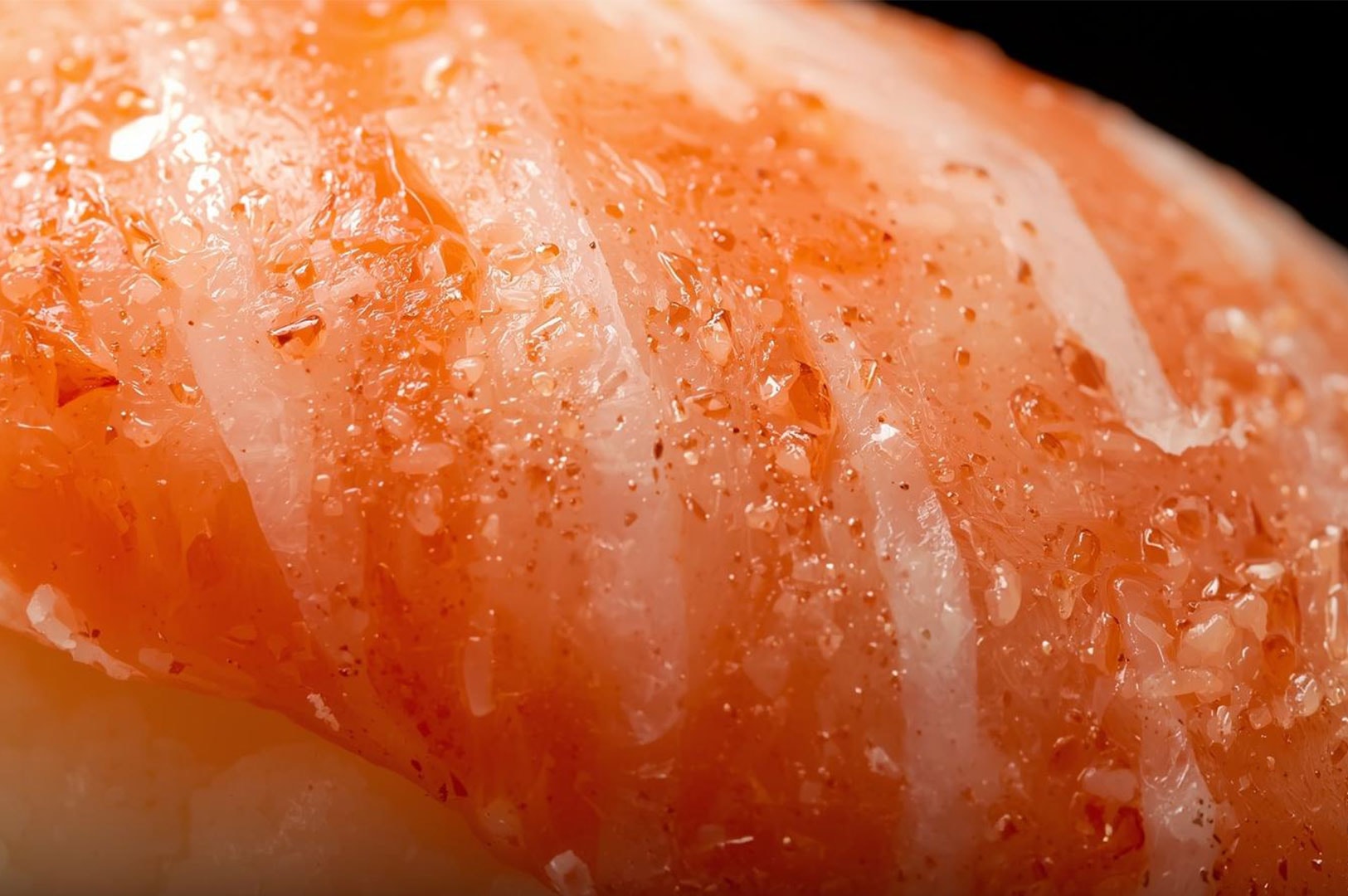 An extreme macro close-up detailing the texture, fat marbling, and glaze of a fresh slice of salmon sushi.