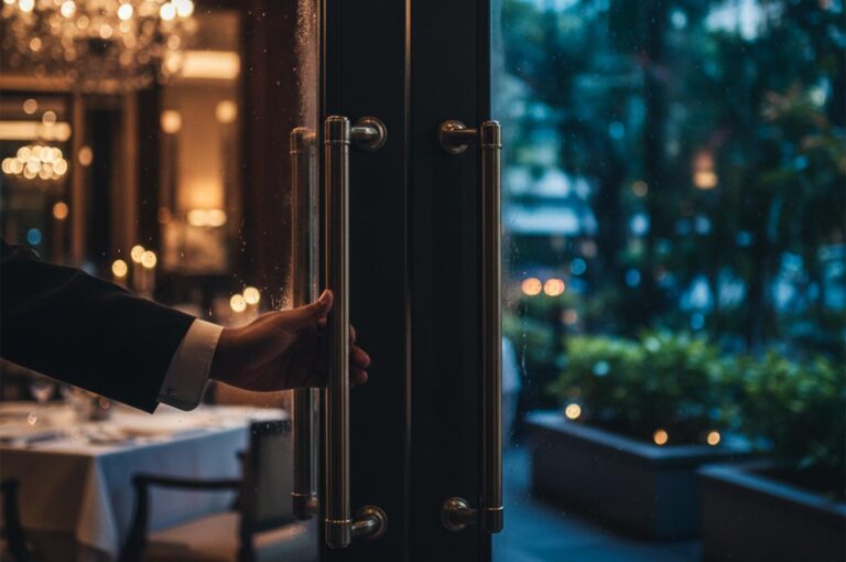 A close-up of a hand opening the glass door to a luxury restaurant with warm interior lighting visible in the evening.