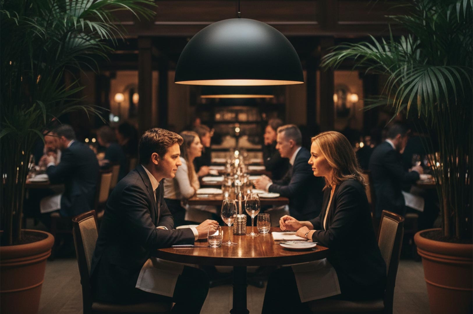 A couple engaging in intimate conversation while dining at a table under a large dome light in a dimly lit, elegant restaurant.