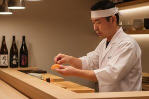 A professional Japanese sushi chef wearing a white uniform and traditional hachimaki headband carefully assembling a salmon nigiri at a wooden sushi counter.