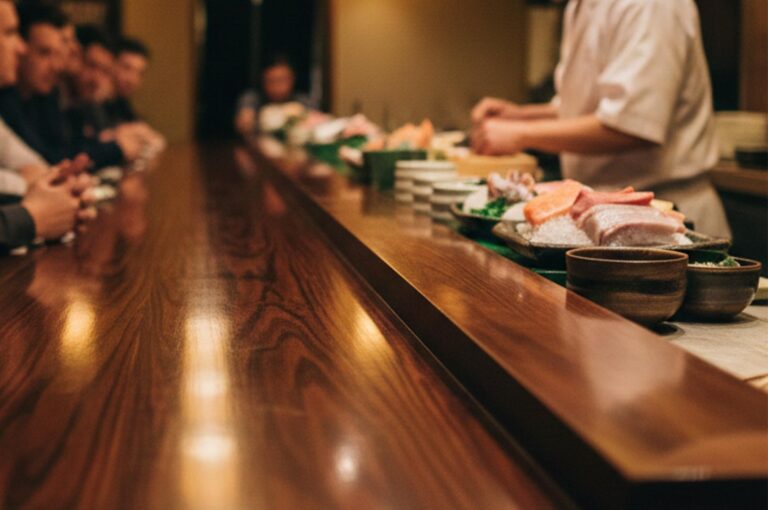 A professional sushi chef preparing fresh nigiri at a polished wooden omakase counter for a group of seated diners in a dimly lit, authentic Japanese restaurant.