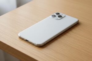 A sleek white smartphone with a triple-lens camera system lying face down on a light-colored wooden table.
