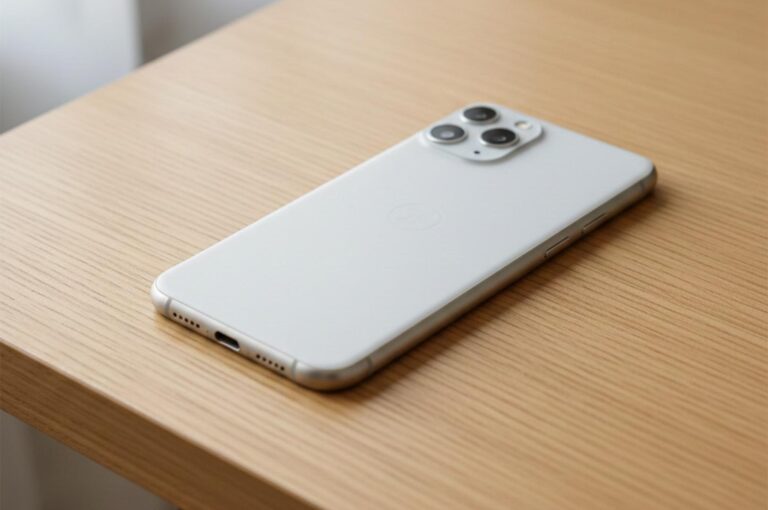 A sleek white smartphone with a triple-lens camera system lying face down on a light-colored wooden table.