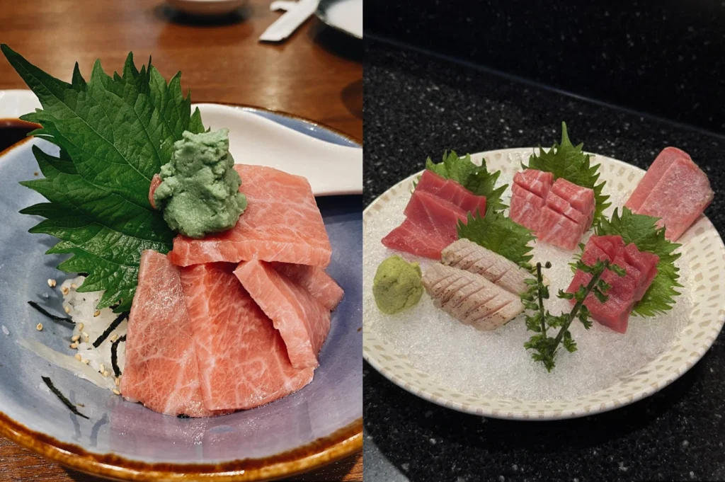 A side-by-side composition showing two styles of sashimi presentation. The left side features thick slices of fatty pink tuna served over white rice with a large green shiso leaf and a generous dollop of wasabi, while the right side displays five distinct piles of various tuna cuts arranged on a bed of crushed ice within a decorative white plate.