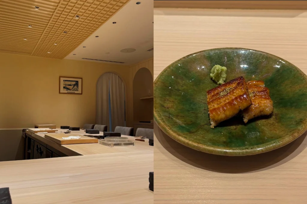 A split-screen presentation of an upscale sushi counter: the left side shows a minimalist, light-wood omakase dining room with clean lines and a vaulted ceiling, while the right side focuses on a close-up of two pieces of glazed, grilled unagi (eel) served on a rustic green ceramic plate with a small dollop of wasabi. The image emphasizes a serene, high-end culinary atmosphere and meticulous food presentation.