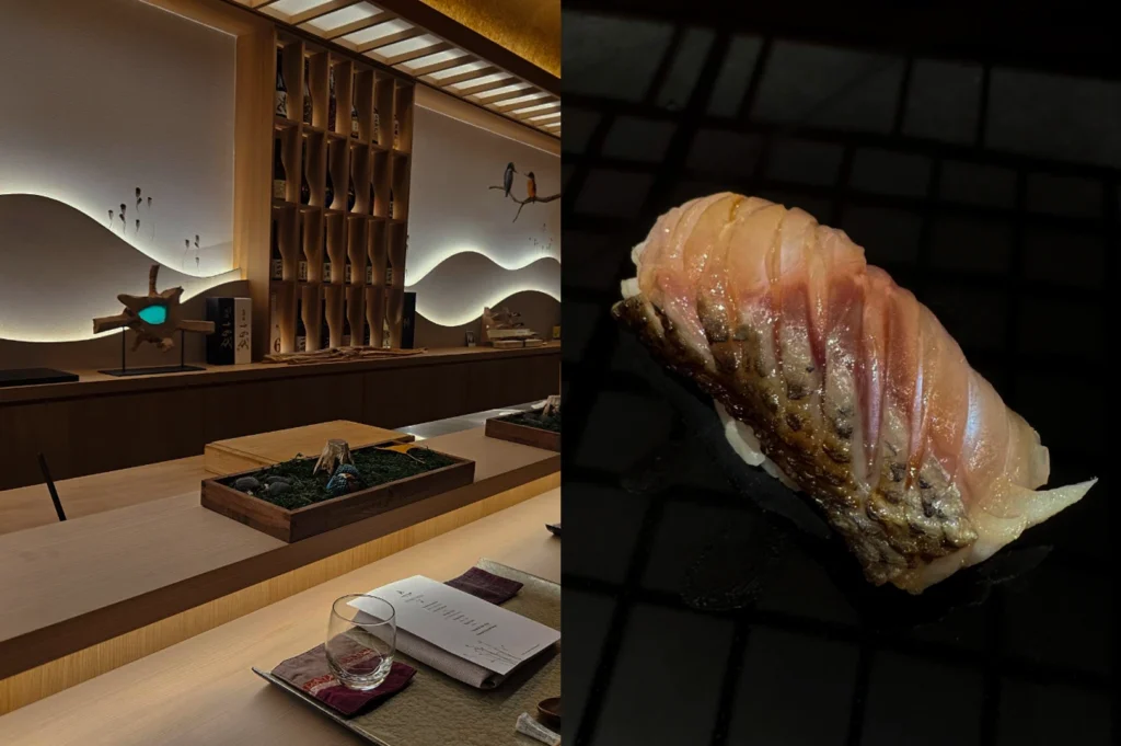 A split-screen image highlighting elegant restaurant design and craftsmanship: the left side reveals a sleek dining counter with back-lit wall panels shaped like rolling hills and a display of sake bottles, while the right side features a macro shot of a single piece of nigiri sushi, where the fish is expertly scored and lightly seared to reveal delicate textures against a dark, reflective background.