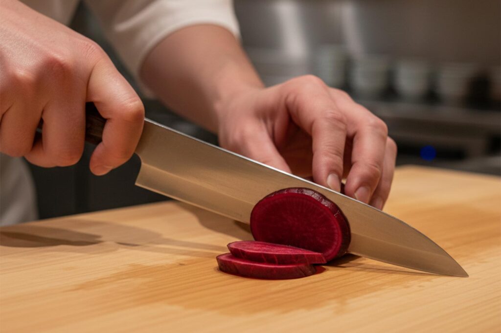 Close-up of a chef’s hands using a professional Japanese steel knife to thinly slice a vibrant red beetroot on a wooden cutting board.