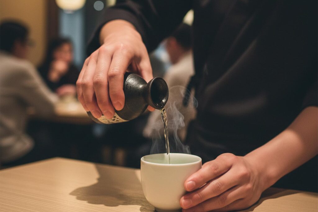 Close-up of a server pouring steaming hot Japanese sake from a traditional ceramic tokkuri carafe into a small cup.
