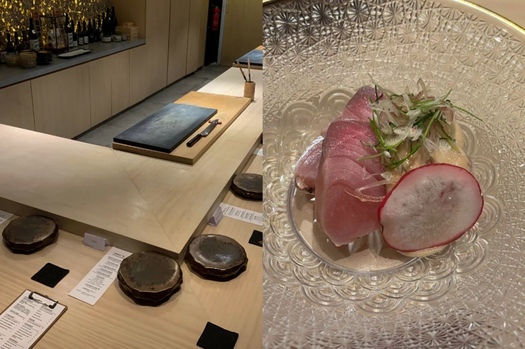 A split-screen view of a refined Japanese kitchen: the left side shows an empty, light-wood chef's preparation station with stone serving platters and a professional knife laid out, while the right side focuses on a beautiful glass bowl containing thick slices of fresh sashimi garnished with thinly sliced radish and microgreens. The imagery captures the transition from the precision of the prep area to the final, artistic dish.