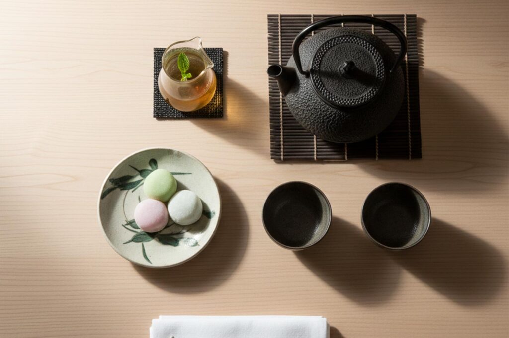 Overhead view of a Japanese tea service featuring a black cast-iron Tetsubin teapot, two tea bowls, a glass pitcher of green tea, and three colorful mochi on a ceramic plate.