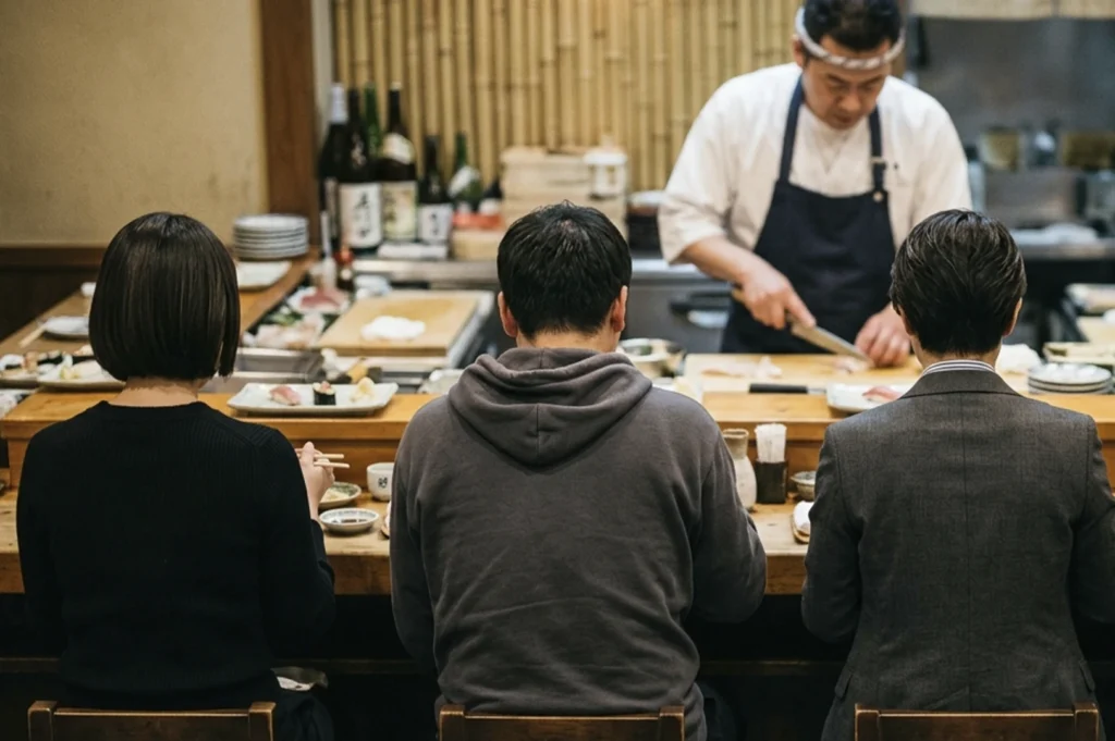 Three patrons seated at a narrow, light-wood sushi counter in an intimate Japanese restaurant. On the left, a woman with a sleek black bob wears a dark ribbed sweater; in the center, a man is dressed in a charcoal grey hoodie; and on the right, a person wears a sharp, grey patterned blazer. They are all focused forward on their meals, which are served on small rectangular ceramic plates. Behind the counter, a professional sushi chef in a white uniform, blue apron, and traditional hachimaki headband is meticulously slicing fish with a long knife. The background features a warm, traditional aesthetic with a bamboo screen wall, several bottles of sake, and stacks of small ceramic dishes, all bathed in soft, inviting light that emphasizes the quiet, concentrated atmosphere of the meal.