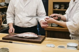 In a warm, traditional Japanese kitchen, two chefs in white uniforms stand behind a light wooden counter during a moment of silent, disciplined transition. The chef on the right carefully presents a long, slender Yanagiba (sashimi knife) with both hands, offering the dark-handled blade horizontally for inspection. The chef on the left holds an open hand ready to receive it, their focus directed toward the precision of the tool. In the foreground, a whole, fresh red sea bream rests on a dark wooden cutting board, while another long blade lies flat on the counter nearby. The background reveals organized wooden shelves stocked with ceramic bowls, emphasizing a professional atmosphere of culinary craft and unspoken apprenticeship.