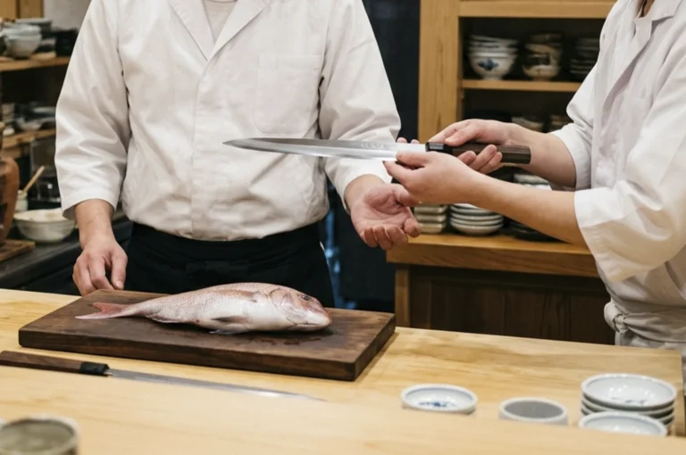 In a warm, traditional Japanese kitchen, two chefs in white uniforms stand behind a light wooden counter during a moment of silent, disciplined transition. The chef on the right carefully presents a long, slender Yanagiba (sashimi knife) with both hands, offering the dark-handled blade horizontally for inspection. The chef on the left holds an open hand ready to receive it, their focus directed toward the precision of the tool. In the foreground, a whole, fresh red sea bream rests on a dark wooden cutting board, while another long blade lies flat on the counter nearby. The background reveals organized wooden shelves stocked with ceramic bowls, emphasizing a professional atmosphere of culinary craft and unspoken apprenticeship.