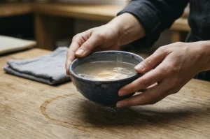 A close-up, eye-level shot shows a person’s hands gently holding a small, rustic ceramic bowl filled with clear liquid, likely water, over a weathered wooden table. The bowl is a deep mottled blue with a brown rim, and the water inside reflects a soft, warm light. On the textured grain of the light-brown table, a damp, circular ring stain is visible where the bowl previously sat, alongside a neatly folded grey cloth in the blurred background. The person, wearing a dark, long-sleeved garment, holds the bowl with both hands in a manner that suggests care or ritual, while the shallow depth of field keeps the focus tightly on the vessel and the interaction between the hands and the wooden surface.