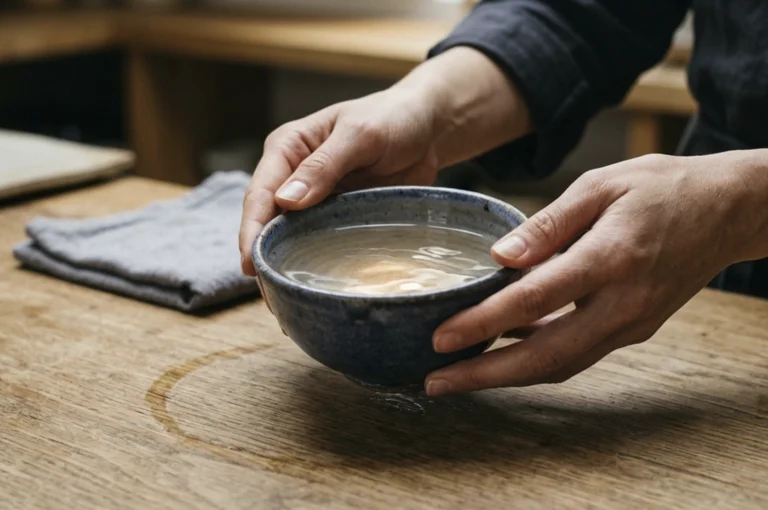 A close-up, eye-level shot shows a person’s hands gently holding a small, rustic ceramic bowl filled with clear liquid, likely water, over a weathered wooden table. The bowl is a deep mottled blue with a brown rim, and the water inside reflects a soft, warm light. On the textured grain of the light-brown table, a damp, circular ring stain is visible where the bowl previously sat, alongside a neatly folded grey cloth in the blurred background. The person, wearing a dark, long-sleeved garment, holds the bowl with both hands in a manner that suggests care or ritual, while the shallow depth of field keeps the focus tightly on the vessel and the interaction between the hands and the wooden surface.