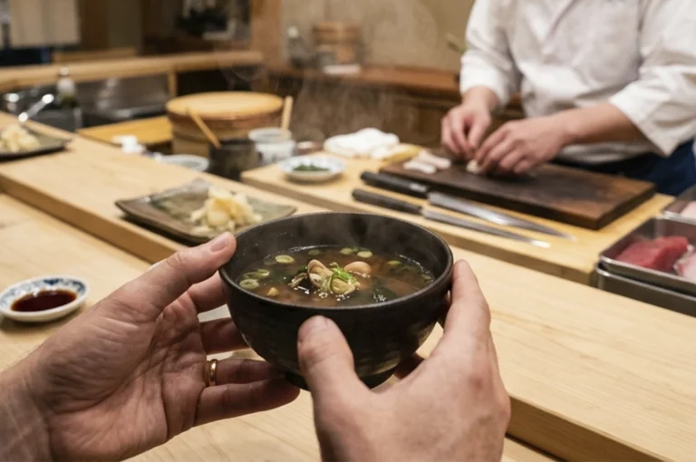 An over-the-shoulder, first-person perspective shot shows a person’s hands holding a steaming dark ceramic bowl of miso soup at a Japanese sushi counter. The soup contains visible green onions and pieces of clams or tofu. In the background, a sushi chef in a white uniform is meticulously preparing food on a wooden cutting board, with sharp knives and containers of fresh seafood nearby. The setting is a traditional, warmly lit omakase-style restaurant with a clean, light-colored wooden counter stretching across the frame. Visible steam rises from the bowl, creating a sense of warmth and immediacy.
