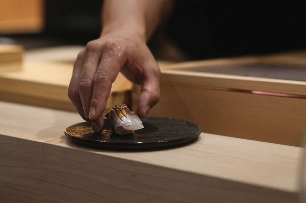 A close-up, shallow depth-of-field shot focusing on a sushi chef's hand as they carefully place a single piece of nigiri onto a small, dark, circular stone plinth. The nigiri features a delicate slice of translucent fish with subtle garnish. The background is softly blurred, showing the light-colored wooden textures of the sushi counter, emphasizing the precision and craftsmanship of the moment.
