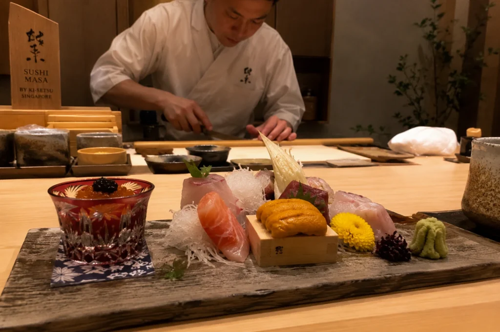 Displays an expertly curated sashimi platter presented on a rustic dark wood slab in the foreground, featuring vibrant orange uni, salmon, tuna, and white fish garnished with a yellow flower and a mound of fresh wasabi. To the left, a small red glass bowl holds roe topped with caviar, sitting atop a patterned blue napkin. In the softly blurred background, a focused chef in a white uniform works at a clean wooden counter, his hands poised over a cutting board as he prepares the next course. A wooden sign for "Sushi Masa by Ki-setsu Singapore" is visible on the far left, adding to the refined atmosphere of the high-end dining space.
