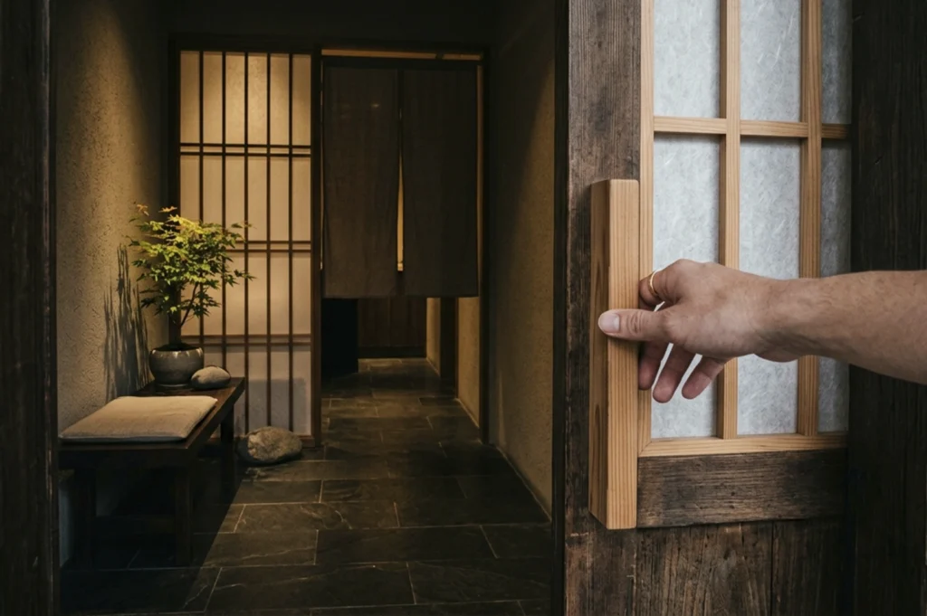 A first-person perspective shot of a hand reaching out to slide open a traditional Japanese wooden door. The door features a wooden handle and translucent shoji-style paper panes. Beyond the threshold, a dimly lit, atmospheric entryway is visible, featuring dark stone tile flooring, a small potted bonsai tree on a wooden bench, and a dark noren curtain in the distance. The lighting is warm and inviting, highlighting the transition from the outside world into a quiet sanctuary.
