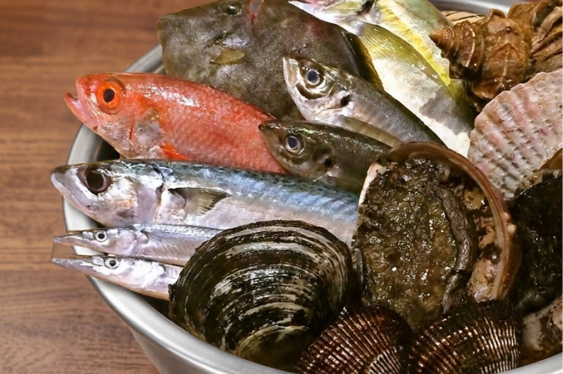 A silver bowl overflowing with a variety of fresh raw seafood, including whole fish, abalone, and large shellfish.
