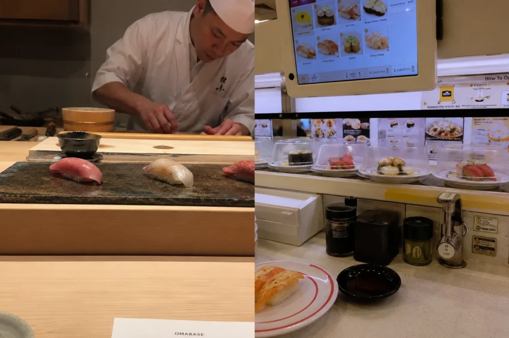 A split-screen comparison highlighting two distinct sushi dining experiences. The left side captures the intimate omakase style, showing a skilled sushi chef in a white uniform meticulously preparing nigiri behind a clean wooden counter where three pieces of sushi sit on a dark stone slab. The right side depicts a modern conveyor belt sushi (kaiten-zushi) setting, featuring a digital touch-screen menu mounted above a moving track of plastic-covered sushi plates, complete with self-serve condiment stations and a hot water tap at a bright, functional counter.