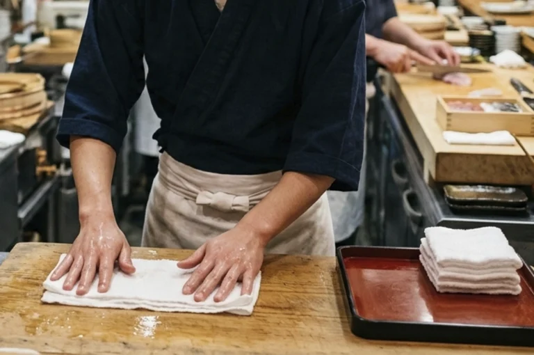 Eye-level medium shot of a sushi chef in a dark navy samue uniform and cream-colored apron. He is standing at a light wood prep counter, pressing his hands flat against a clean, folded white towel. To his right, a stack of identical, neatly folded white towels sits on a deep red lacquer tray. In the blurred background, another chef is visible working at a separate station, emphasizing the organized, rhythmic atmosphere of a professional kitchen.