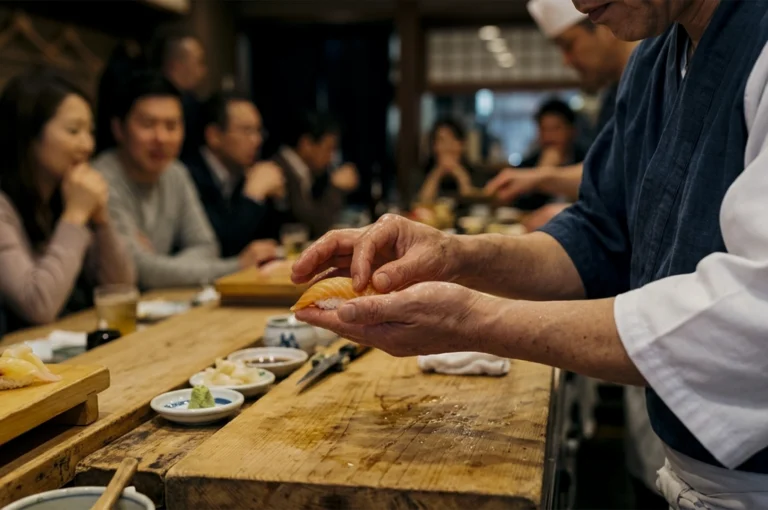 A close-up, shallow-depth-of-field shot captures a sushi chef’s weathered hands delicately shaping a piece of nigiri topped with bright orange salmon. The chef, wearing a traditional blue and white uniform, stands behind a rustic, well-worn wooden counter scattered with small ceramic dishes of ginger, wasabi, and soy sauce, alongside a sharp carving knife. In the soft-focus background, a row of patrons sits along the bar, their faces lit with warm, expectant expressions as they watch the craftsmanship. The atmosphere is intimate and communal, emphasizing the tactile artistry of the meal and the connection between the maker and the guests.