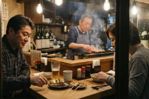 Two people sit at a cozy, dimly lit izakaya counter, enjoying yakitori and drinks. A cook, surrounded by smoke, grills skewers in the background.