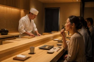 A serene, high-angle interior shot of a minimalist, upscale Japanese omakase restaurant where a woman in a beige dress sits at a polished light-wood counter, her eyes closed in a moment of appreciation as she tastes a piece of sushi. In the background, a focused male sushi chef wearing a traditional white uniform and toque is meticulously preparing food behind the counter. The atmosphere is warm and intimate, highlighted by soft, golden ambient lighting reflecting off the textured wood surfaces and a subtle gold-leaf accent wall. Other patrons are partially visible in the soft focus to the woman's left, while her place setting features a dark ceramic plate with a single piece of nigiri, a small cup of tea, and a neatly folded white towel on a wooden tray.