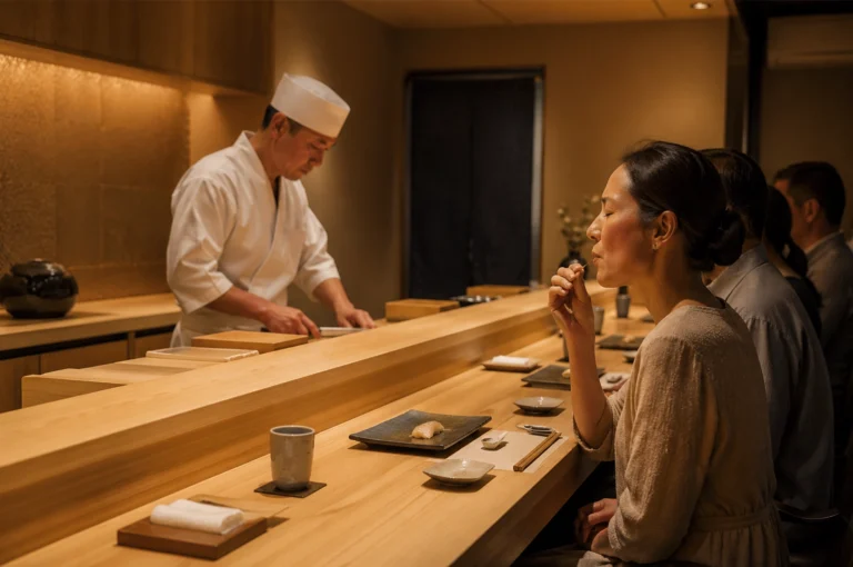 A serene, high-angle interior shot of a minimalist, upscale Japanese omakase restaurant where a woman in a beige dress sits at a polished light-wood counter, her eyes closed in a moment of appreciation as she tastes a piece of sushi. In the background, a focused male sushi chef wearing a traditional white uniform and toque is meticulously preparing food behind the counter. The atmosphere is warm and intimate, highlighted by soft, golden ambient lighting reflecting off the textured wood surfaces and a subtle gold-leaf accent wall. Other patrons are partially visible in the soft focus to the woman's left, while her place setting features a dark ceramic plate with a single piece of nigiri, a small cup of tea, and a neatly folded white towel on a wooden tray.