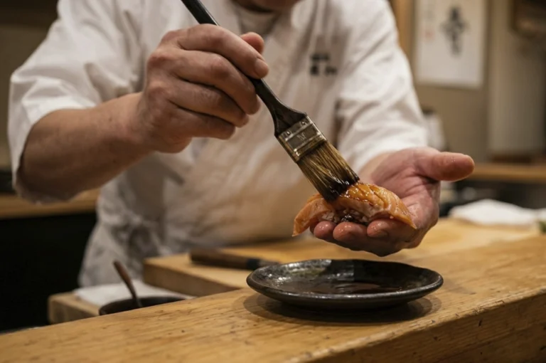 A sushi chef’s hands meticulously preparing a piece of nigiri in a dimly lit, traditional Japanese restaurant. The chef, wearing a white uniform, cradles a delicate slice of orange salmon over a small bed of rice in his left hand, while his right hand uses a wooden-handled brush to apply a glistening, dark soy-based glaze (nikiri) to the fish. The scene is set against a rustic wooden counter, with a small ceramic dish of sauce in the foreground and a blurred background that hints at the authentic, focused atmosphere of a high-end omakase kitchen.