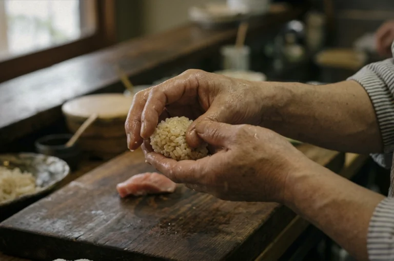 Close-up, eye-level shot of an elderly chef's weathered, wet hands meticulously shaping a small, oval ball of seasoned sushi rice over a rustic wooden cutting board. The rice has a slight golden-brown hue, indicating the use of red vinegar, and a single slice of raw, pink tuna sits nearby on the dark wood. The chef wears a blue and white pinstriped sleeve, and the background is softly blurred, showing a warm, traditional Japanese kitchen setting with ceramic bowls and wooden utensils bathed in natural light.