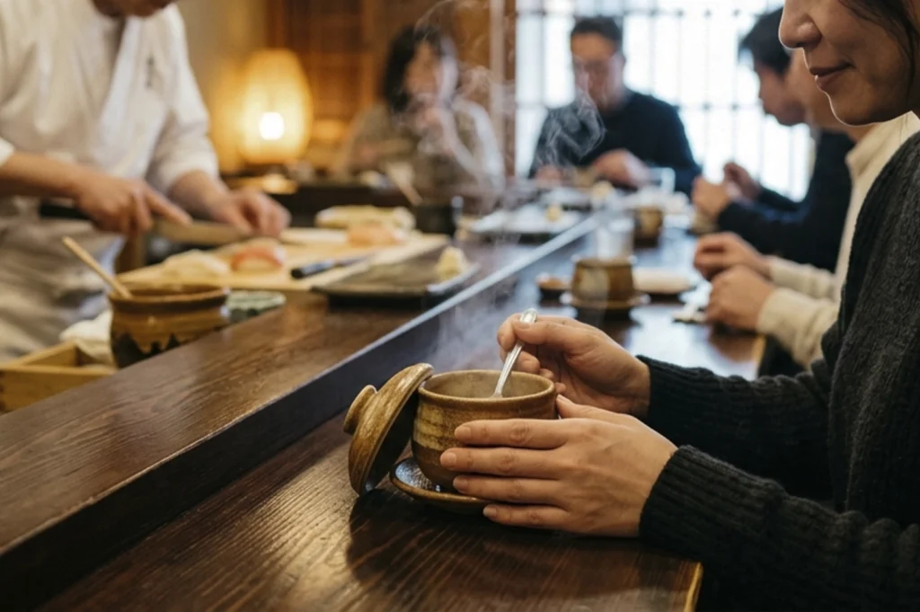 A close-up, shallow-depth-of-field shot inside a warm, dimly lit Japanese restaurant. In the foreground, a person’s hands—clothed in a dark, ribbed sweater—cradle a small, rustic ceramic bowl on a wooden counter. Steam rises gracefully from the bowl as they use a small spoon to stir a hot dish, with the ceramic lid resting tilted against the base. The background is softly blurred, showing a professional chef in a traditional white uniform meticulously preparing sushi on a light wood cutting board. Further down the long, dark wood counter, other patrons are seated, their figures out of focus, contributing to a cozy and intimate atmosphere. The lighting is golden and inviting, emanating from a paper lantern in the background and natural light filtering through a gridded window.