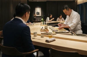 1: A wide shot of a dimly lit, high-end omakase restaurant. A sushi chef in a white uniform stands behind a light-colored wooden counter, meticulously preparing a piece of nigiri with chopsticks. In the foreground, the back of a customer in a dark blue suit is visible. The counter is organized with small ceramic dishes, a wooden ginger box, and bottles of sake. Other patrons sit blurred in the background, creating an intimate, focused atmosphere.