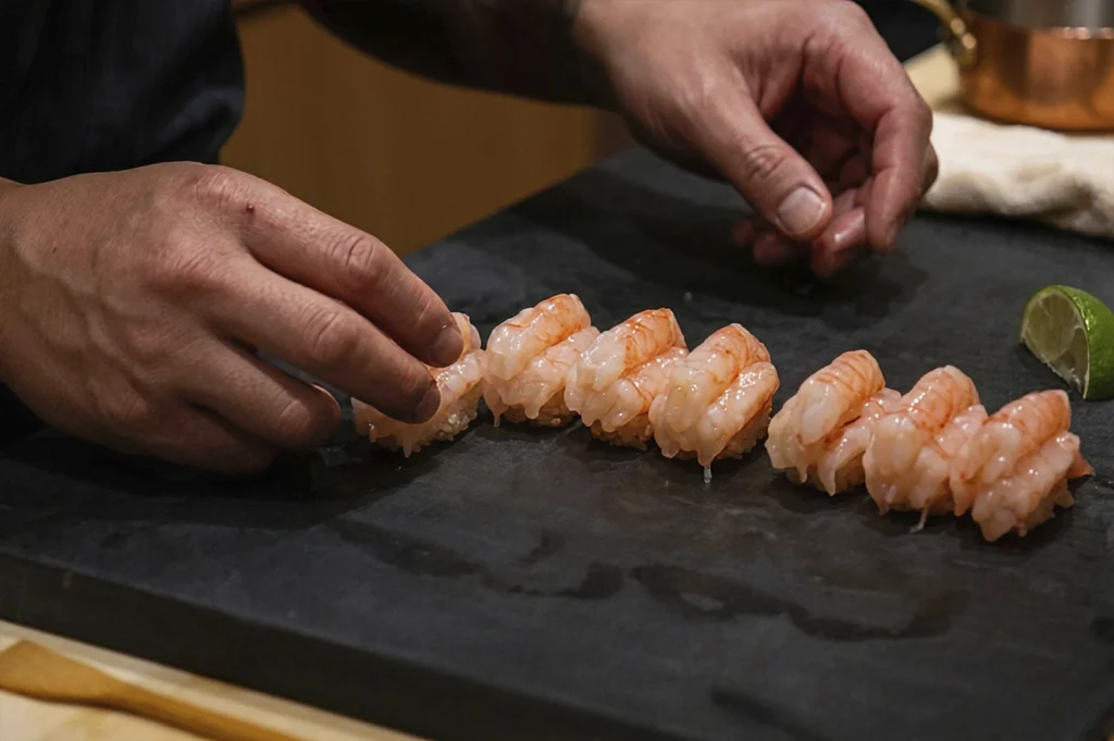 A close-up, action shot focusing on a chef's hands as he meticulously arranges a row of fresh Botan Ebi (prawn) sushi on a black slate serving board. A small wedge of lime sits to the right, and the lighting is warm, highlighting the texture of the raw seafood and the precision of the preparation.