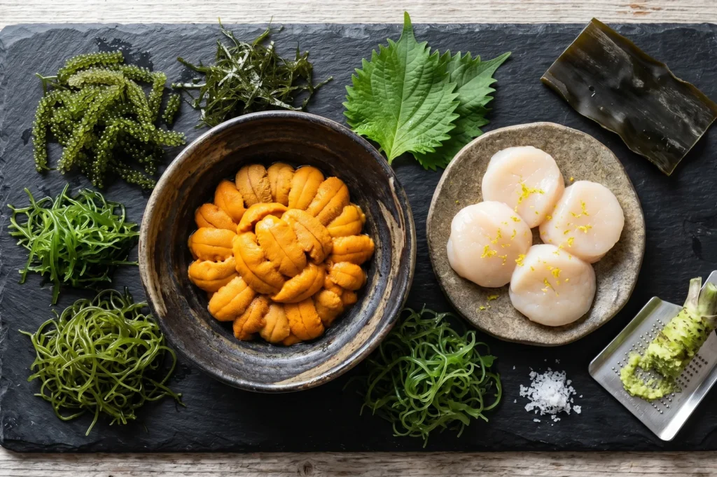 A premium sashimi platter featuring a bowl of orange sea urchin (uni), fresh scallops with citrus zest, sea grapes, and various types of seaweed on a slate board.