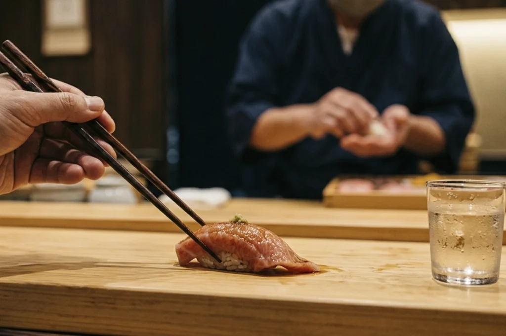 A close-up shot focused on a single piece of otoro (fatty tuna) nigiri resting on a light wooden counter. The fish is glistening with a light glaze and topped with a small dab of wasabi. A person's hand is in the frame, holding dark wooden chopsticks and beginning to pick up the sushi. In the soft-focus background, the chef is visible working, and a glass of water with condensation sits to the right.