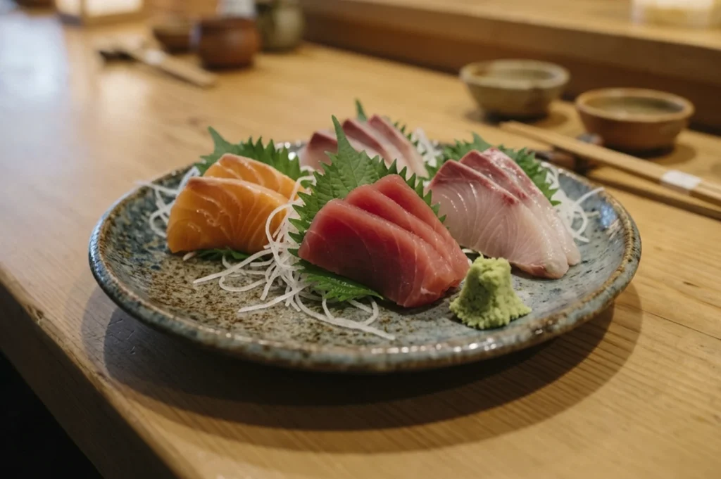 A beautifully plated sashimi assortment served on a textured, teal-glazed ceramic plate. The platter includes thick slices of fresh salmon, tuna (maguro), and yellowtail (hamachi), neatly arranged on a bed of shredded daikon radish and shiso leaves. A small mound of bright green wasabi sits in the foreground. The background shows the blurred, warm wooden texture of the chef's counter.