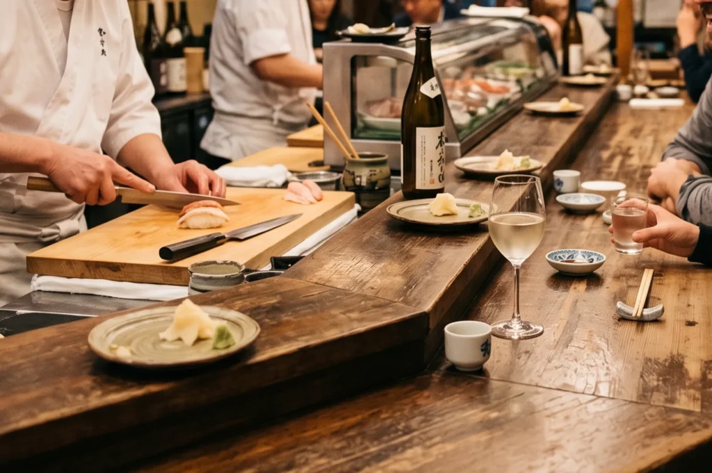 A professional sushi chef slicing fish at a wooden counter in an omakase restaurant setting with customers and sake bottles in view.