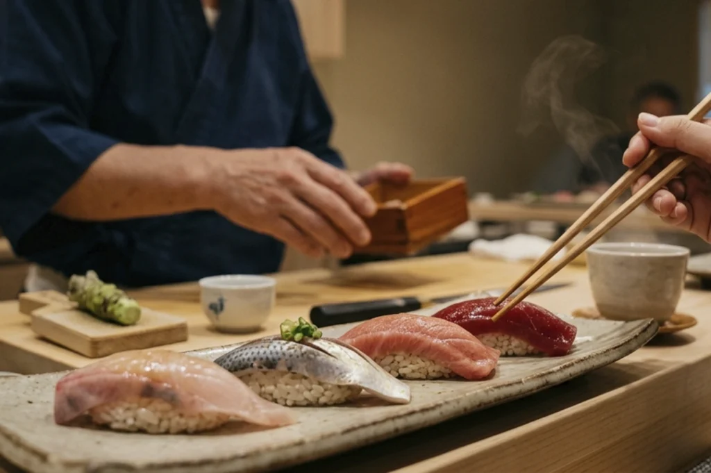 A medium shot of a long ceramic platter holding four distinct types of nigiri sushi. From left to right: a translucent white fish, a silver-skinned fish (likely Kohada) topped with green onion, a medium-fatty tuna (Chutoro), and a deep red lean tuna (Akami). In the background, a chef in a dark blue kimono-style uniform is reaching for a wooden box. Steam rises from a small teacup on the right side of the counter.