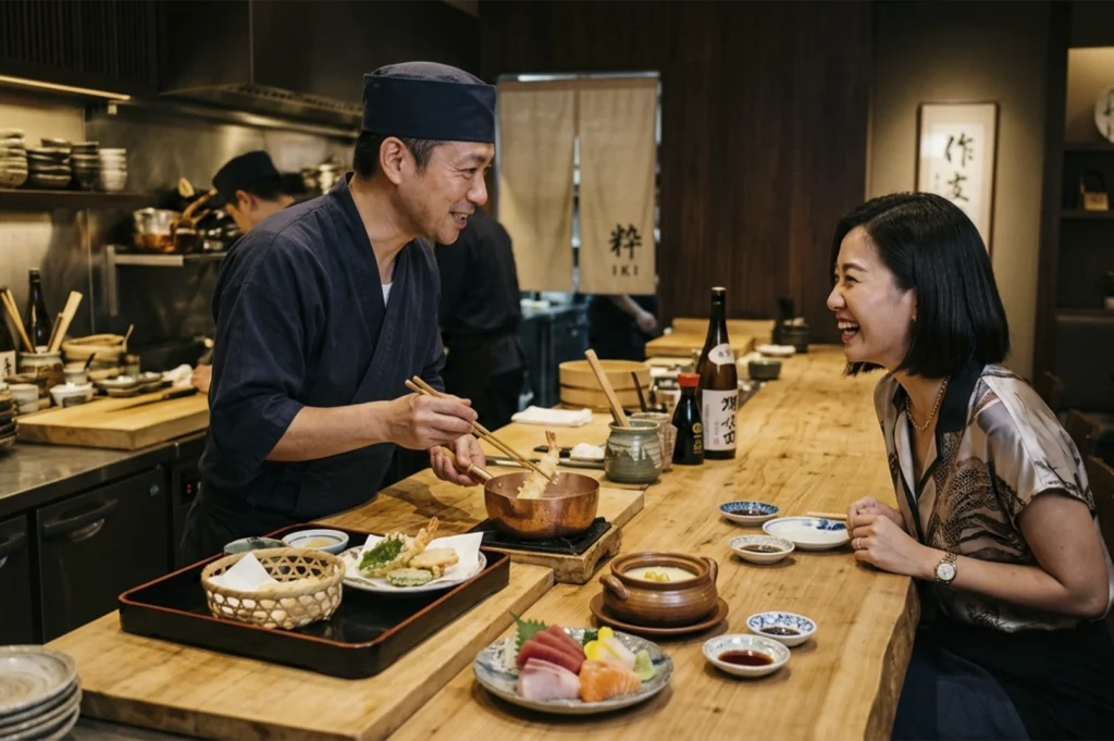 A lively, candid shot showing the interaction between a chef and a guest at a wooden counter. The chef, wearing a dark blue uniform and matching cap, smiles as he fries tempura in a traditional copper pot. The female guest sits across from him, laughing and engaged in conversation. The counter is lined with various small dishes, including sashimi and dipping sauces, illustrating the communal and conversational nature of Kappo dining.