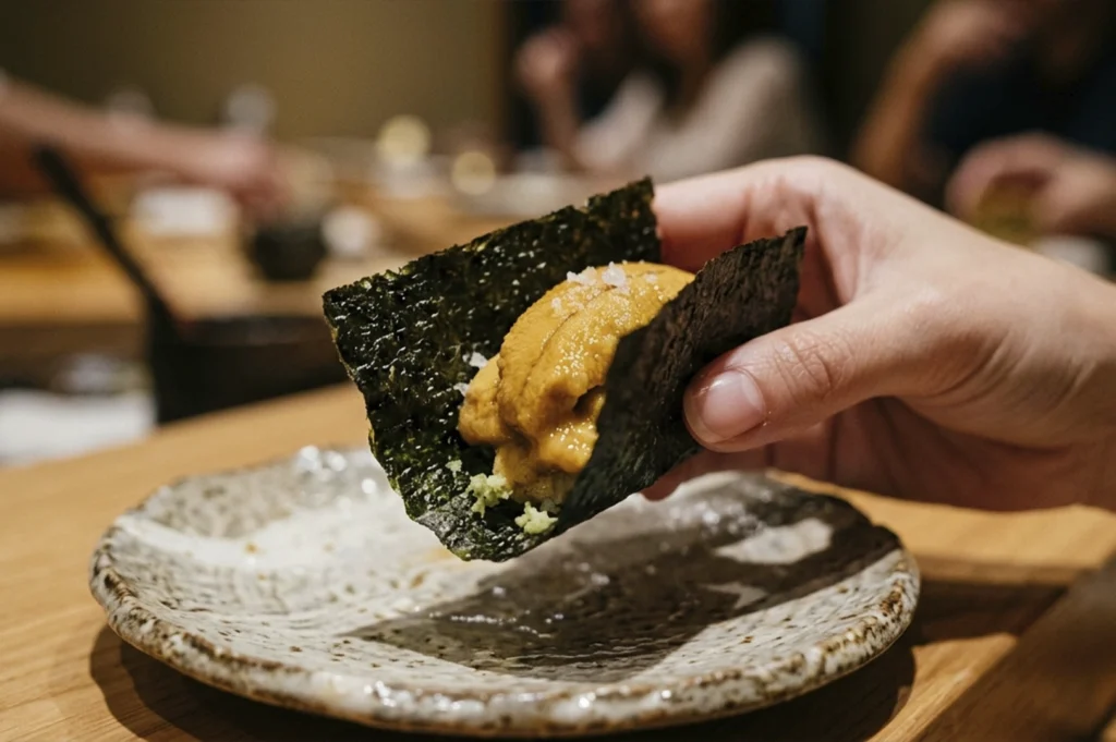 A close-up shot of a hand holding a piece of Uni (sea urchin) temaki. The bright orange, creamy sea urchin is nestled in a crisp, dark green sheet of nori seaweed, topped with a few grains of coarse sea salt and a touch of wasabi at the base. The hand holds the hand-roll over a speckled ceramic plate. The background is softly blurred, showing the warm interior of the sushi bar.