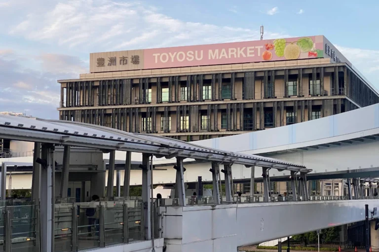 This image showcases the modern exterior of the Toyosu Market building under a clear, pale blue sky. The multi-story structure features a contemporary facade with vertical dark louvers covering the windows for sun shading. Atop the building, a large pink rectangular sign prominently displays "TOYOSU MARKET" in white English letters, accompanied by Japanese characters and colorful illustrations of fresh produce like grapes, melons, and peaches. In the foreground, a white elevated pedestrian walkway with a metal roof and glass railings provides a sleek, urban path for visitors to access the facility.