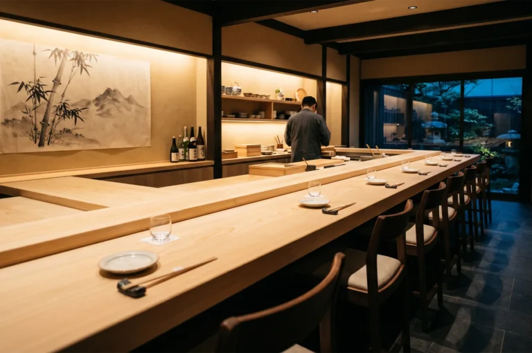Elegant minimalist interior of a Japanese Omakase sushi restaurant featuring a long wooden counter, warm ambient lighting, and traditional bamboo wall art.