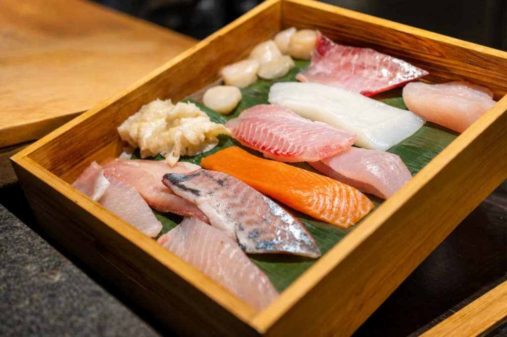 A top-down perspective of a wooden bento-style box lined with a vibrant green leaf, showcasing an assortment of fresh, raw seafood prepared for sushi. The collection includes various cuts of white fish, several translucent scallops, a bright orange slab of salmon, and pieces of silver-skinned mackerel. The fish is meticulously arranged, highlighting different textures and colors, and sits next to a light wood cutting board on a dark countertop.