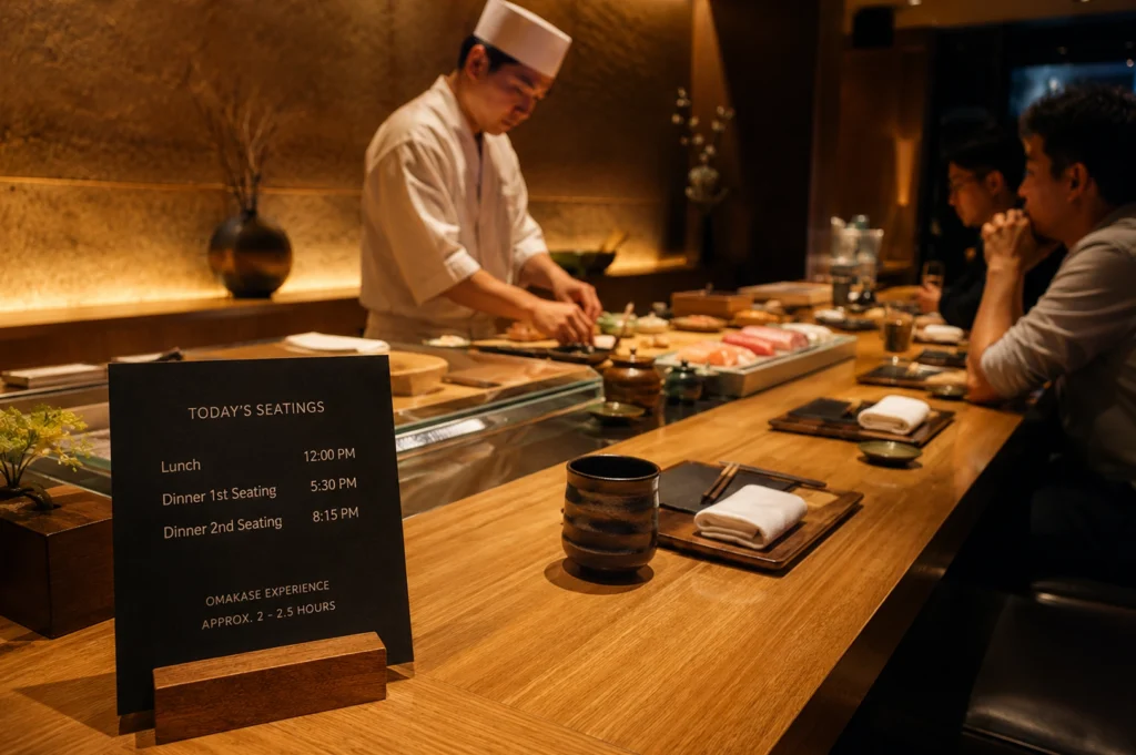 A close-up shot of a black sign sitting on a wooden counter that lists "TODAY'S SEATINGS," including Lunch at 12:00 PM and two Dinner seatings at 5:30 PM and 8:15 PM. The sign notes an "OMAKASE EXPERIENCE" lasting approximately 2 to 2.5 hours. In the blurred background, the sushi chef continues his work while patrons sit further down the bar, emphasizing the structured and intimate nature of the dining service.