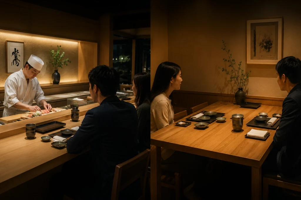 A split-screen composition showcasing a high-end, minimalist sushi restaurant. On the left, a sushi chef in a traditional white uniform and toque carefully prepares nigiri at a blonde wood counter for two seated patrons. On the right, the view shifts to a formal wooden dining table set for two, featuring dark ceramic plates, small dipping bowls, and white linens. The room is bathed in a warm, low-glow amber light, with simple Japanese calligraphy and a slender vase of greenery providing elegant accents against textured, neutral-toned walls.